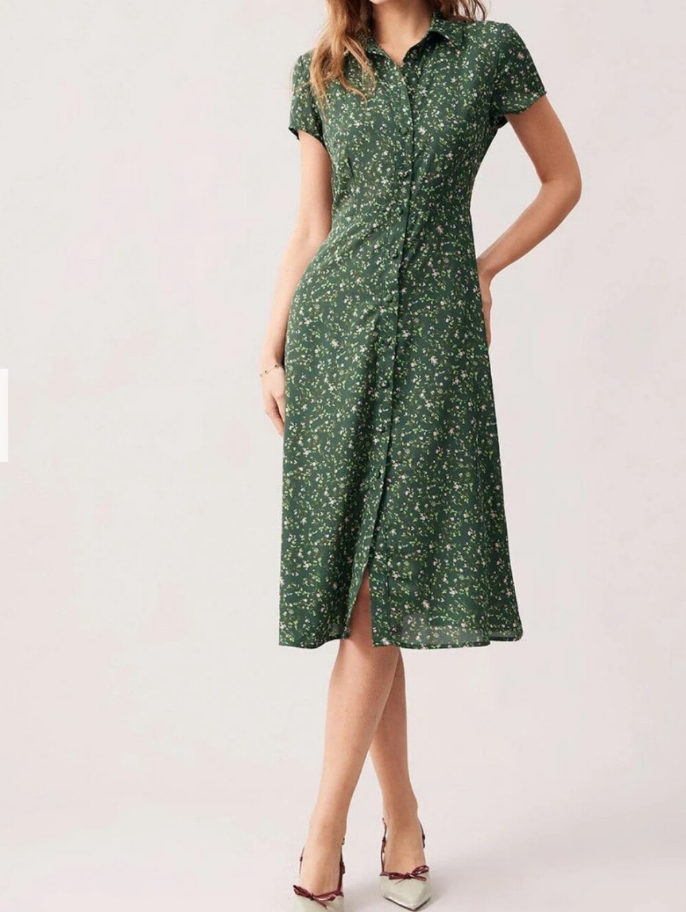 Rihoas The Green Midi Shirt Dress Small Cottage Modest Casual Ditzy Floral